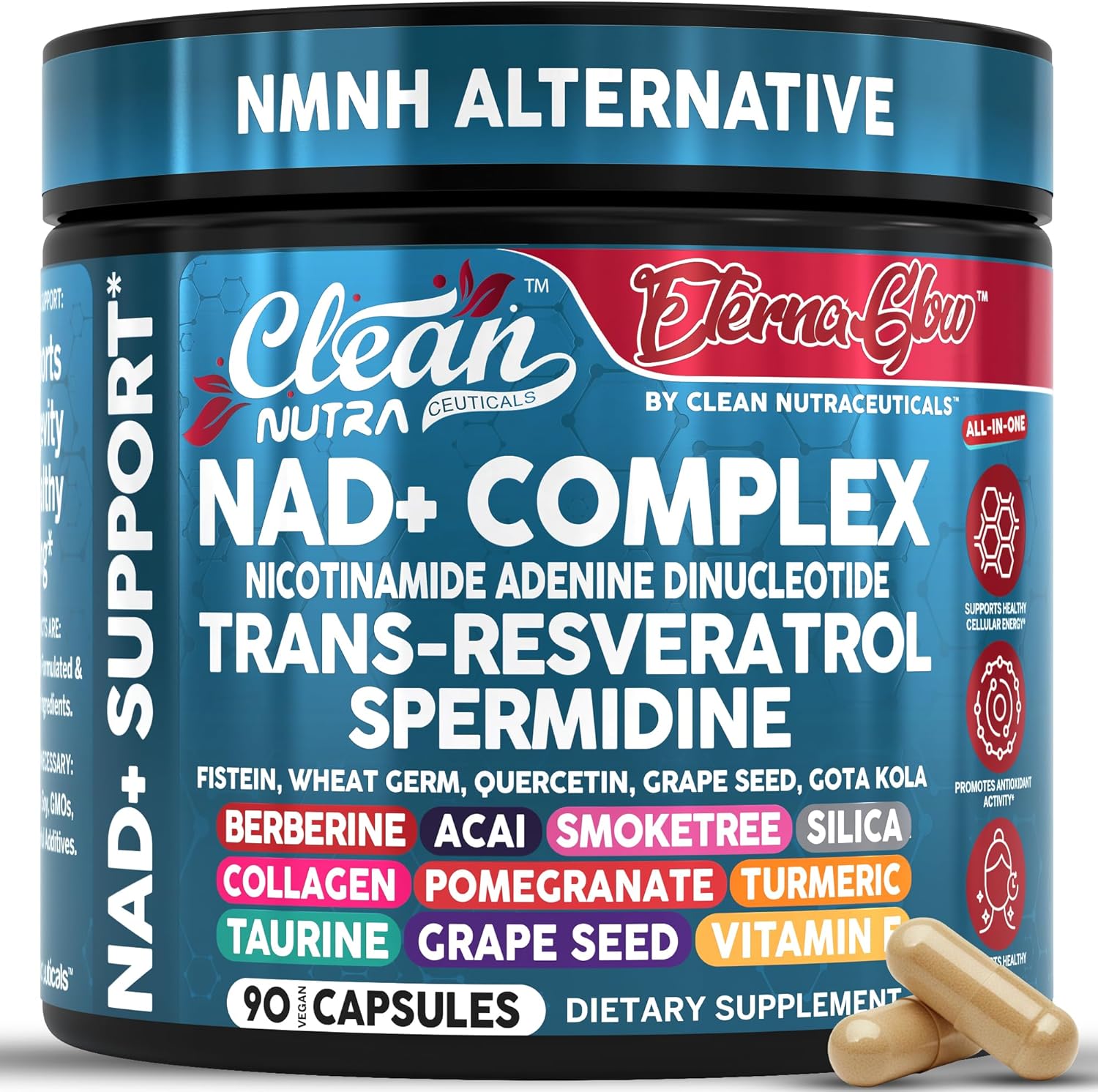 Clean Nutraceuticals NAD Spermidine Fisetin Quercetin Grape Seed Gotu Kola Berberine Astaxanthin Taurine Pomegranate Acai Anti Aging Longevity 90 caps