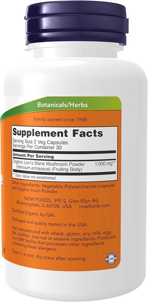 NOW Foods, Lion's Mane (Aslan yelesi mantarı) 500 mg, 60 Veggie Capsules - Galeri