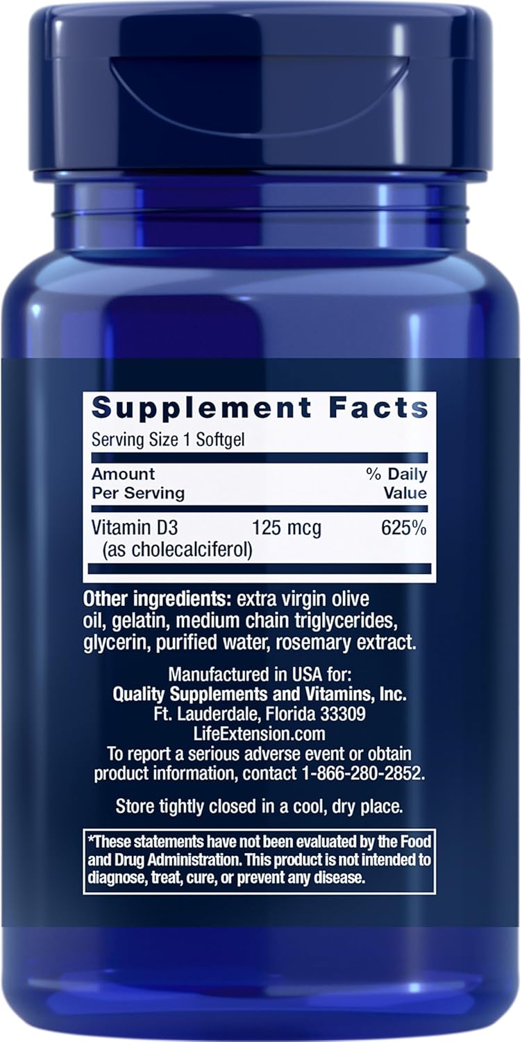 Life Extension Vitamin D3 5000 IU Bone Health Brain Immune System Support 60 - Galeri