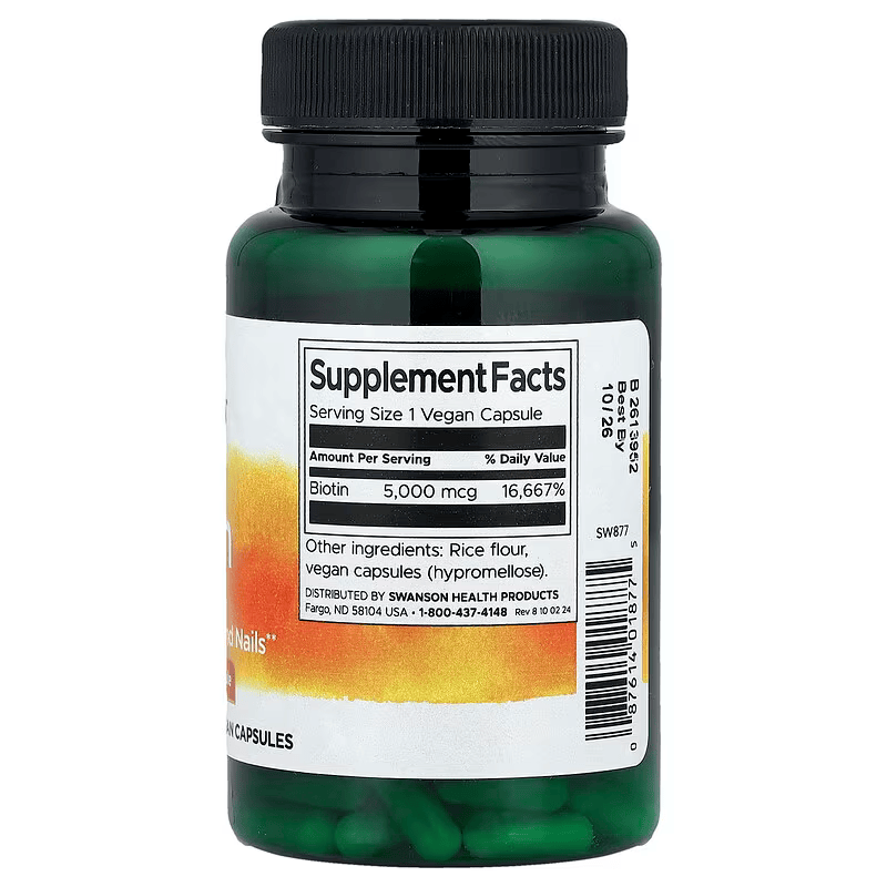Swanson Biotin Hair Skin & Nails 5,000 mcg 100 Vegan Capsules - Galeri