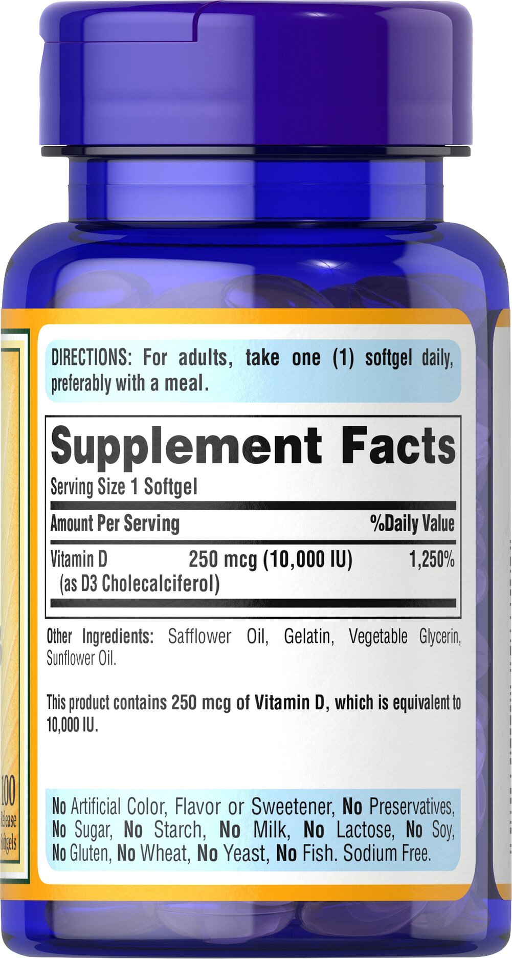 Puritan's Pride Vitamin D3 250 mcg (10000 IU), 100 Softgels - Galeri