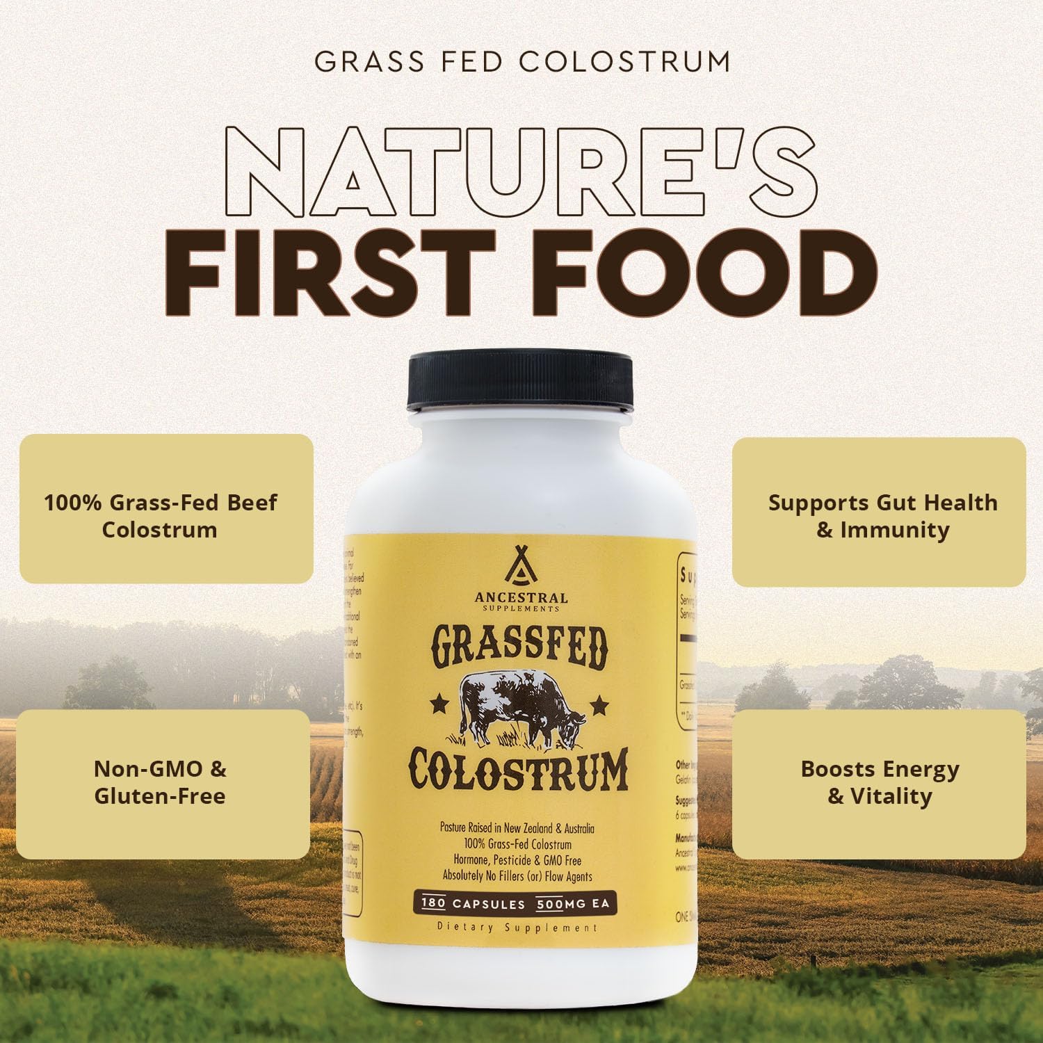 Ancestral Supplements Grass Fed Beef Colostrum Supplement, 3000 mg, 180 Caps - Galeri