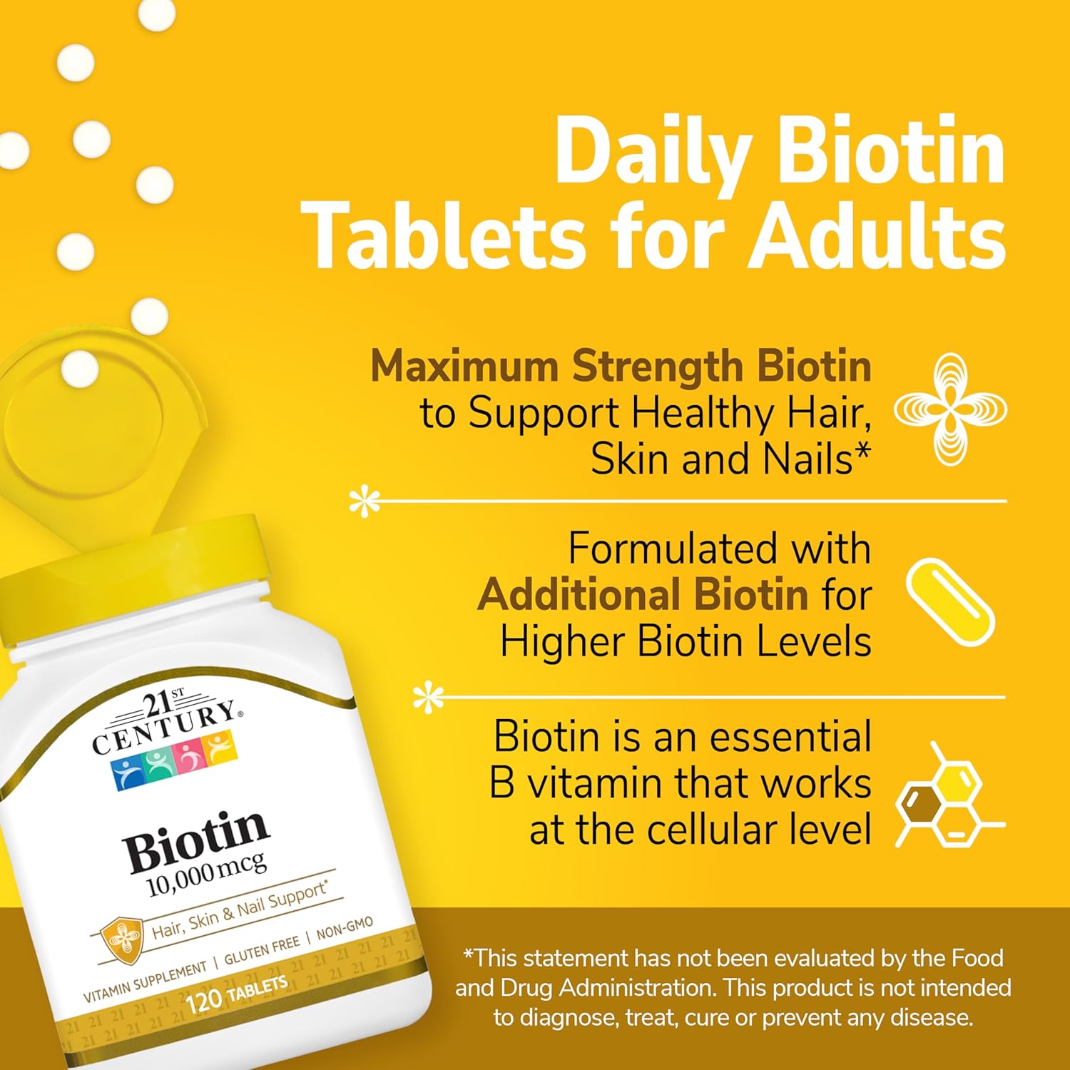 21st Century Biotin+Calcium Hair, Skin & Nail Support 10,000 mcg, Unflavored 120 Count - Galeri