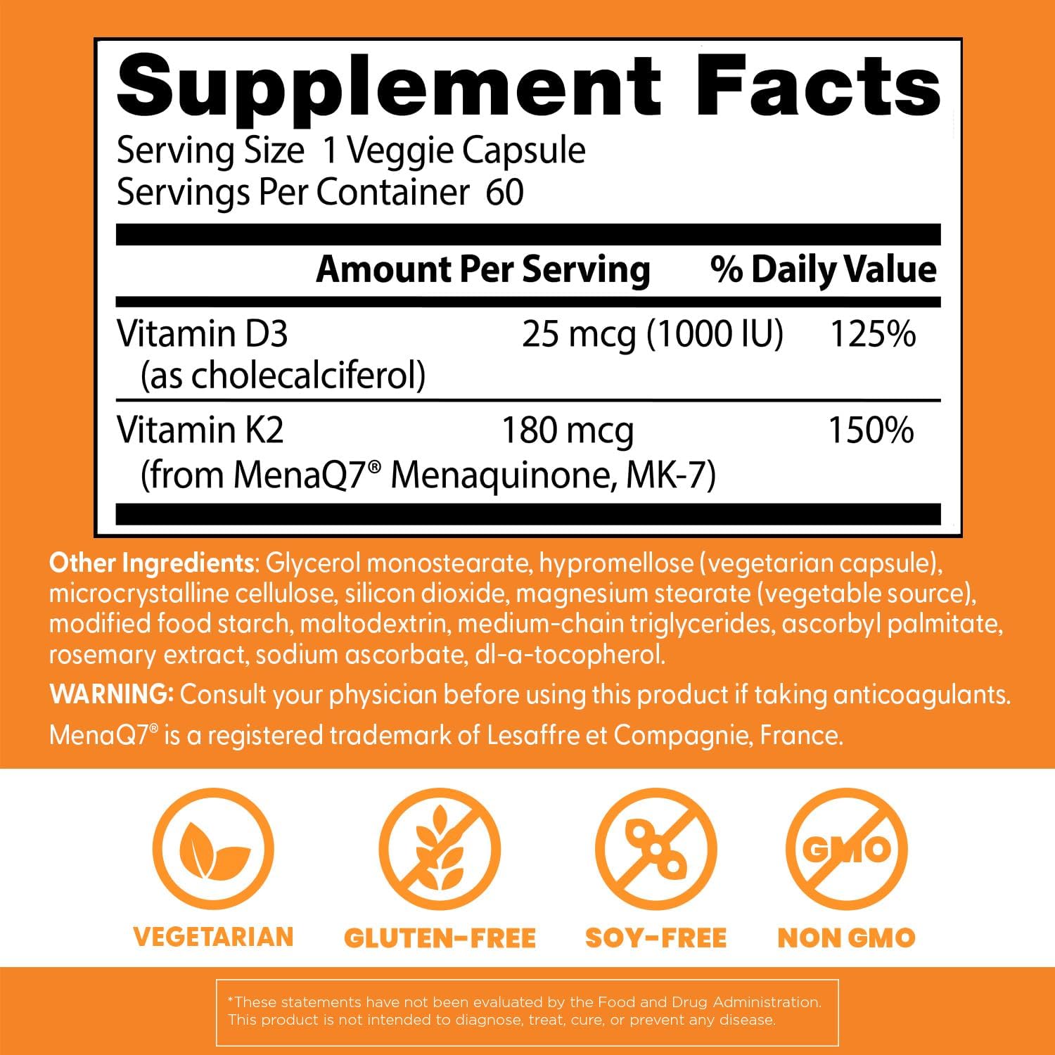 Doctor's Best Natural Vitamin K2 MK-7 Plus D3 180 mcg 60 Veggie Caps - Galeri