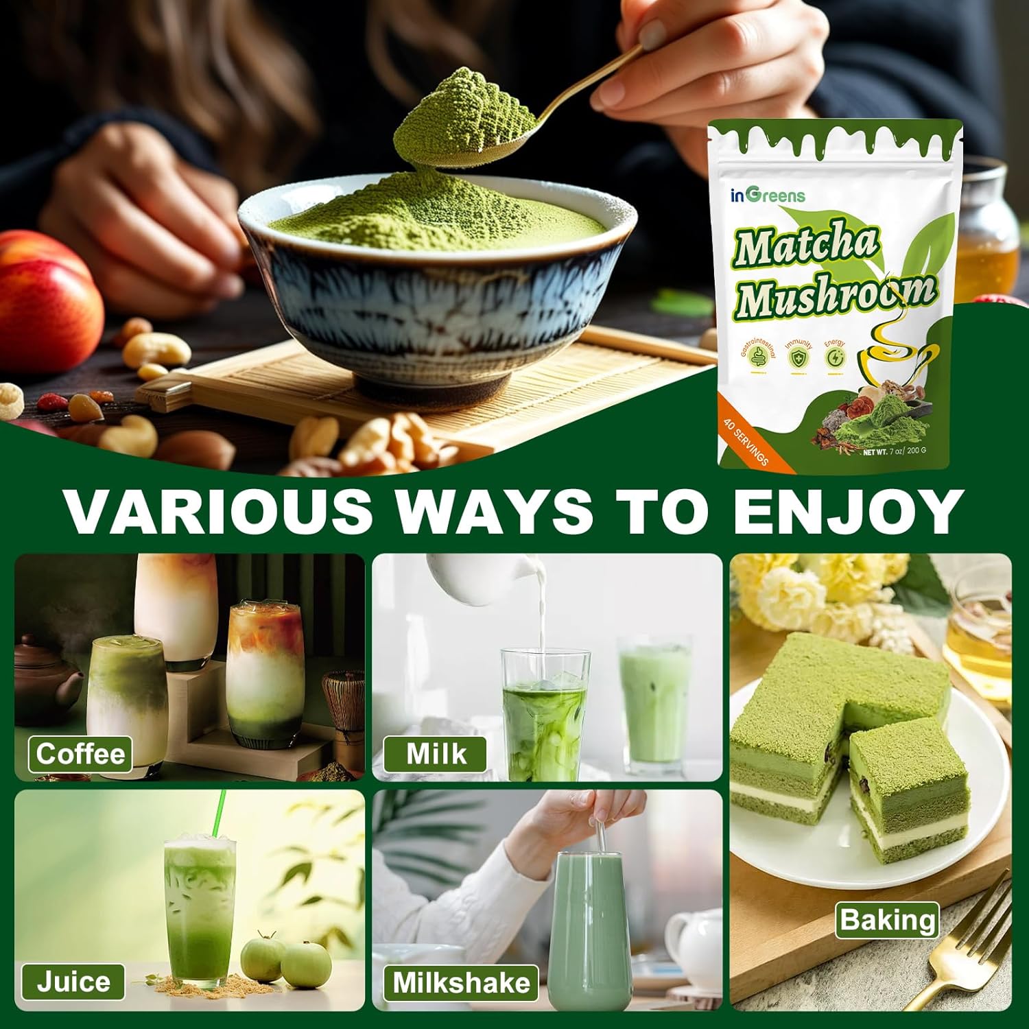 İngreens Mushroom Matcha MCT Reishi & Lion's Mane for Immune Strengthen Focus & Energy 200 gr - Galeri