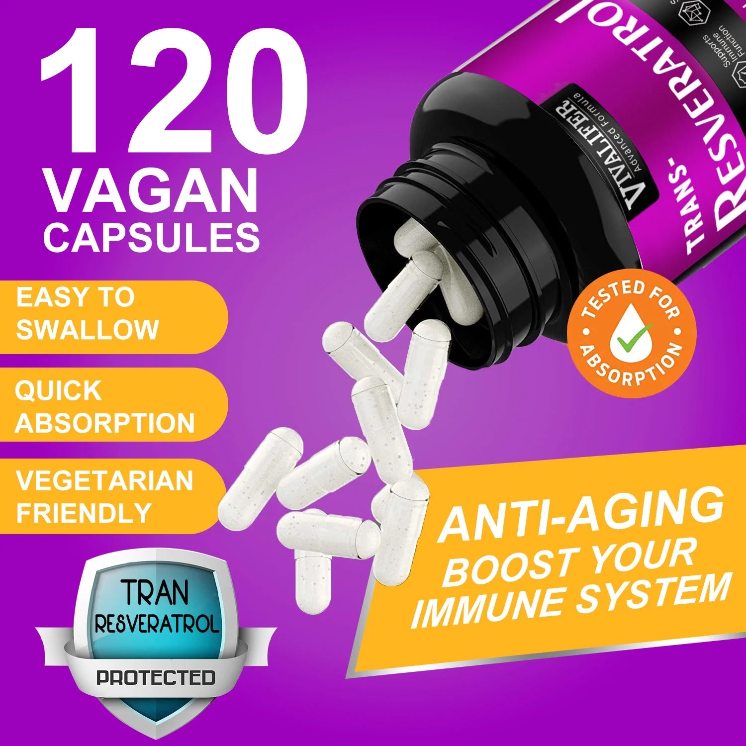 VIVALIFER Resveratrol+Vitamin C Anti-Aging Immune, Cardiovascular Joint 500mg+120mg 120 Caps - Galeri