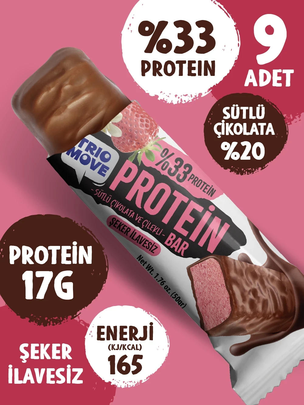 Trio Move Protein Bar 9 Adet X 50 Gr Çilekli Çikolata &amp; Vanilya - Galeri