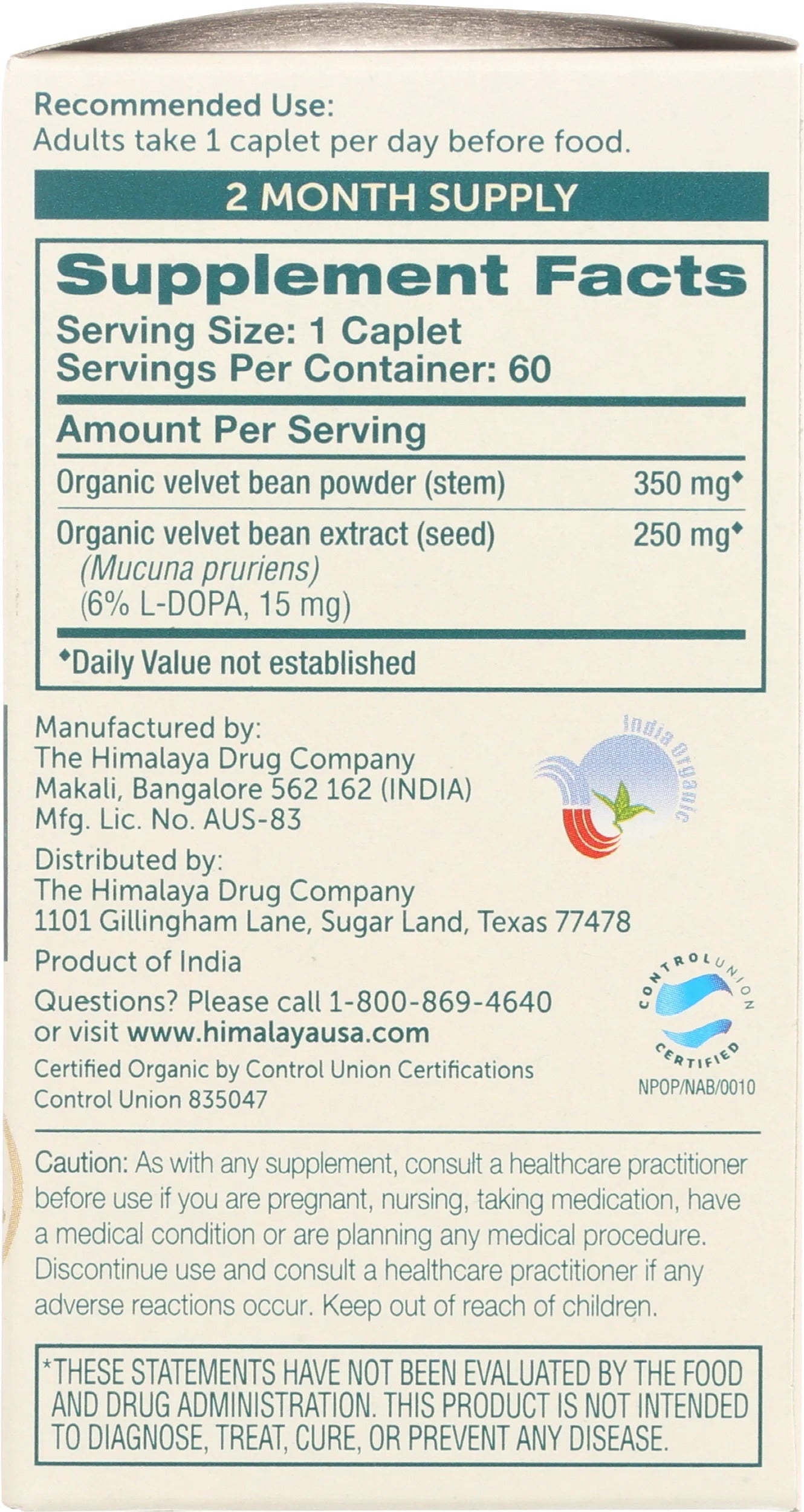 Himalaya Organic Dopa Mucuna 600 mg 60 Caplets - Galeri