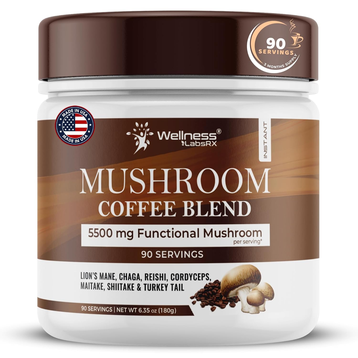 Wellness Labs Mushroom Coffee Lions Mane, Chaga, Reishi, Cordyceps, Maitake, Shiitake, and Turkey Tail 90 Servings - Galeri