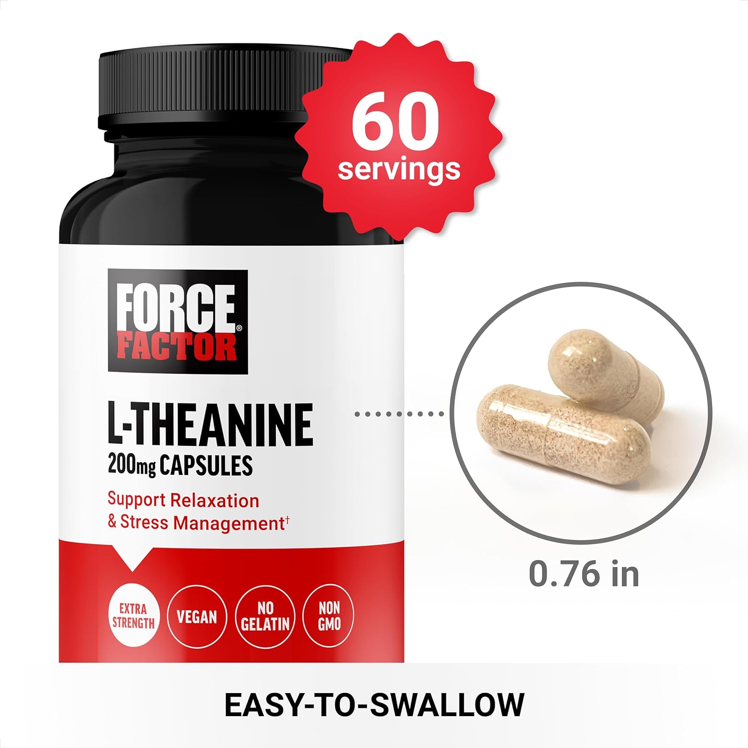 FORCE FACTOR Extra Strength L-Theanine Stress Relief, and Supporting Calm Relaxation 200mg 60 Veg - Galeri