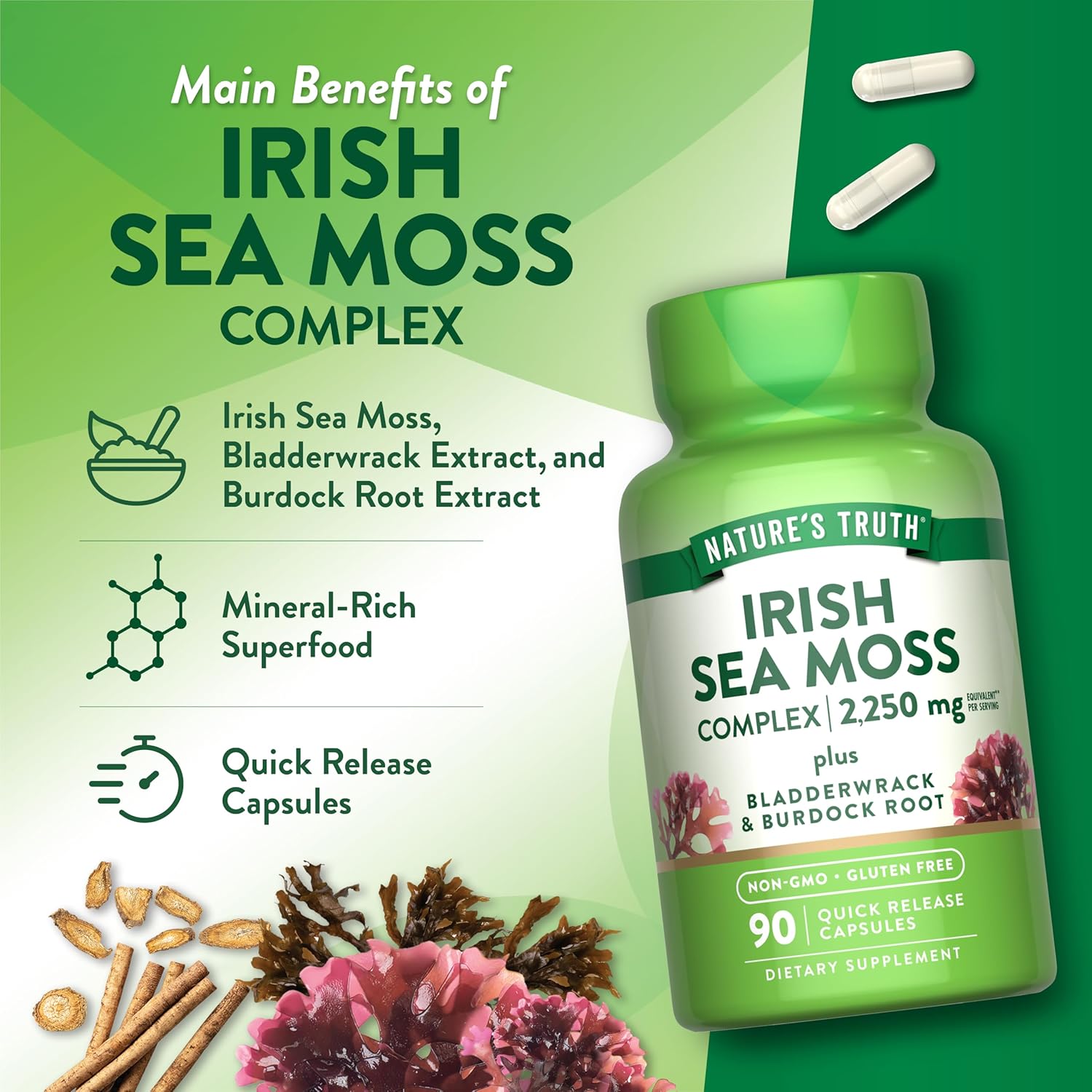 Nature's Truth Irish Sea Moss with Bladderwrack & Burdock Root Greens & Superfoods 90 Caps - Galeri