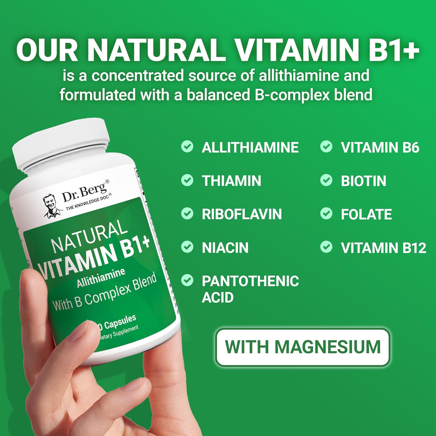 Dr. Berg Natural Vitamin B1 B6 B12 Complex Allithiamine Vitamin B1 Thiamin, Niacin, Folate, Magnesium & More - 60 Caps - Galeri