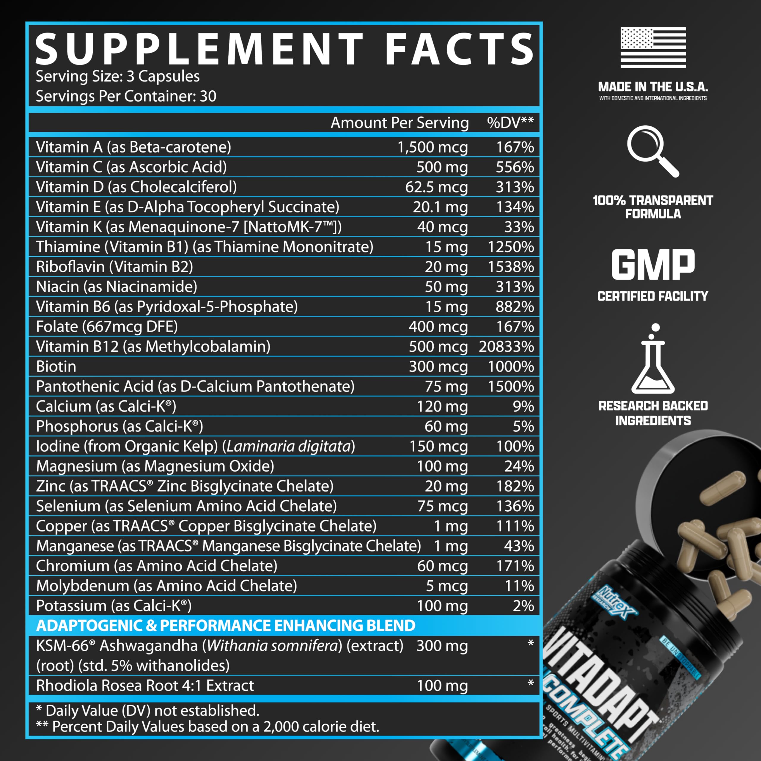 Nutrex Vitadapt 24 Multivitamin For men (Rhodiola rosea+Ksm66 Ashwagandha) 90 Caps - Galeri