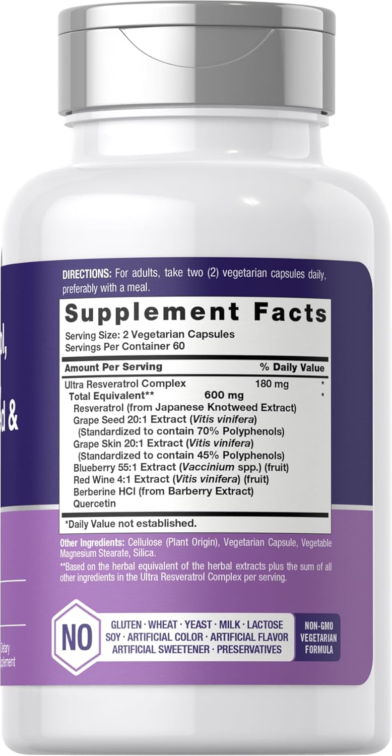 Horbäach Resveratrol Berberine Grape Seed & Quercetin | with Blueberry & Red Wine Extract | 120 Capsules - Galeri