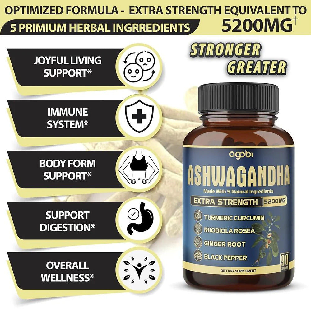 Agobi Ashwagandha Agobi Hint Ginseng+Turmeric+Rhodiola+Ginger root Extract Capsules 5 Herbal Ingredients 5200 mg - Galeri