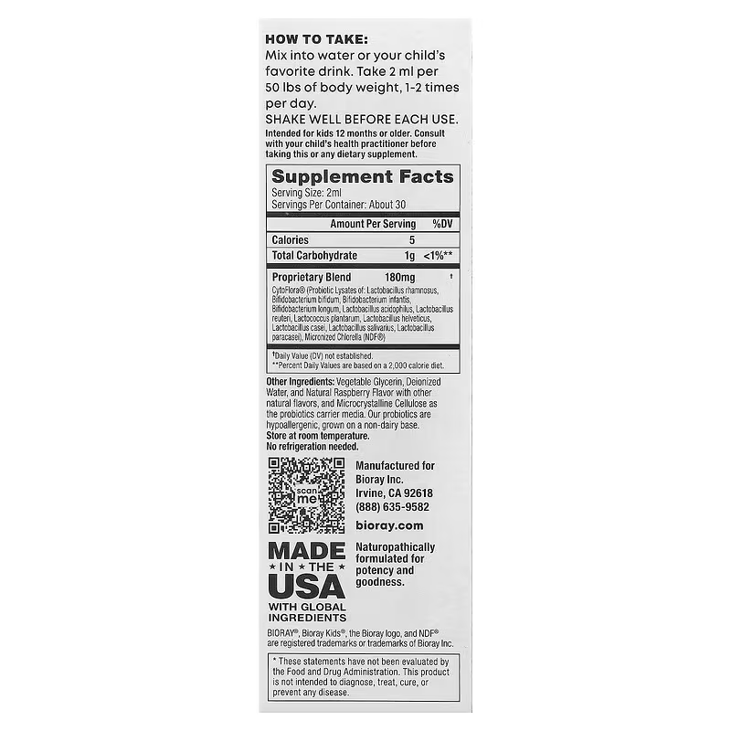 Bioray Kids NDF Tummy 11-Strain Children's Probiotics Blend Raspberry 2 fl oz 60 ml - Galeri
