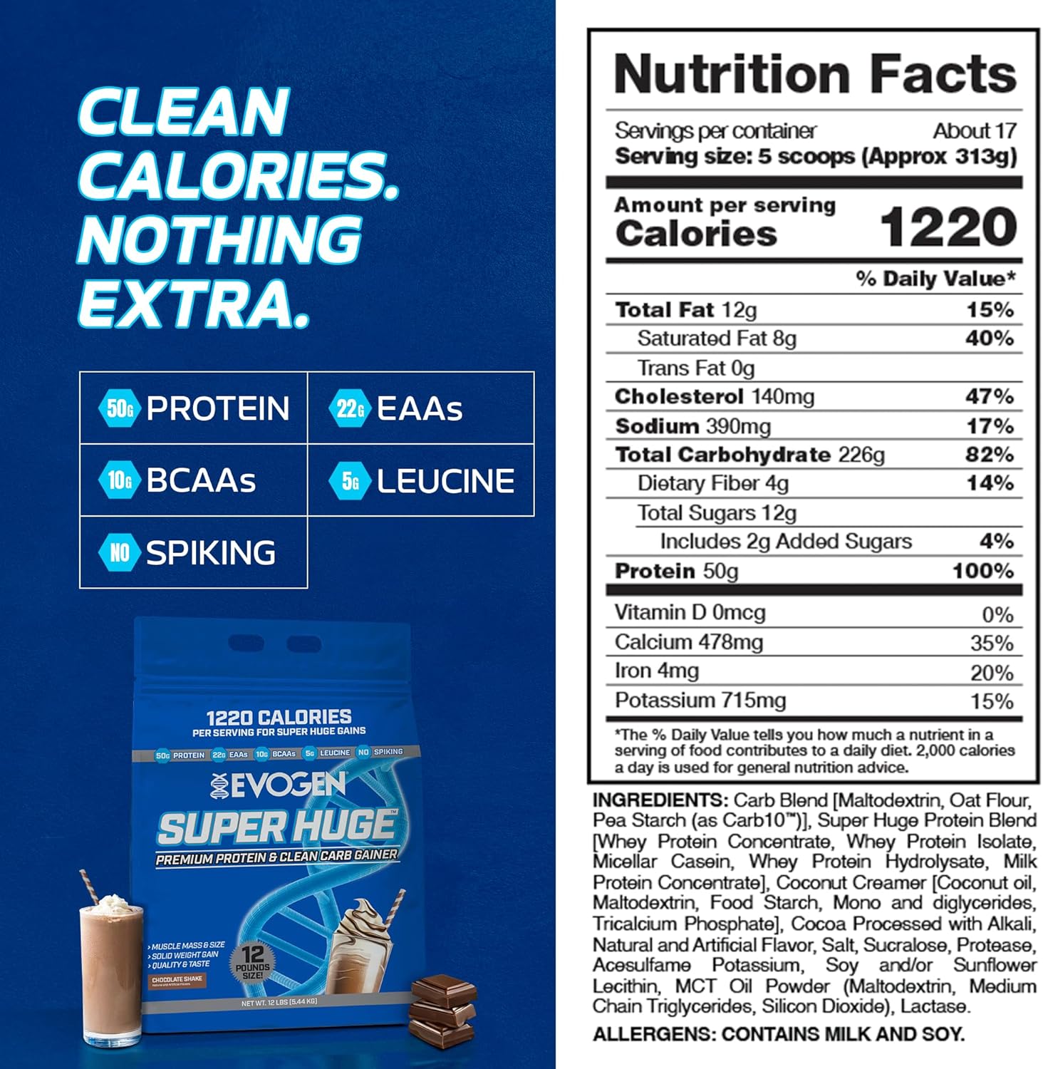 Evogen Super Huge Mass Gainer Protein High Calorie Weight Gainer  Carbs & Nutrients Strength 5,4 Kg - Galeri