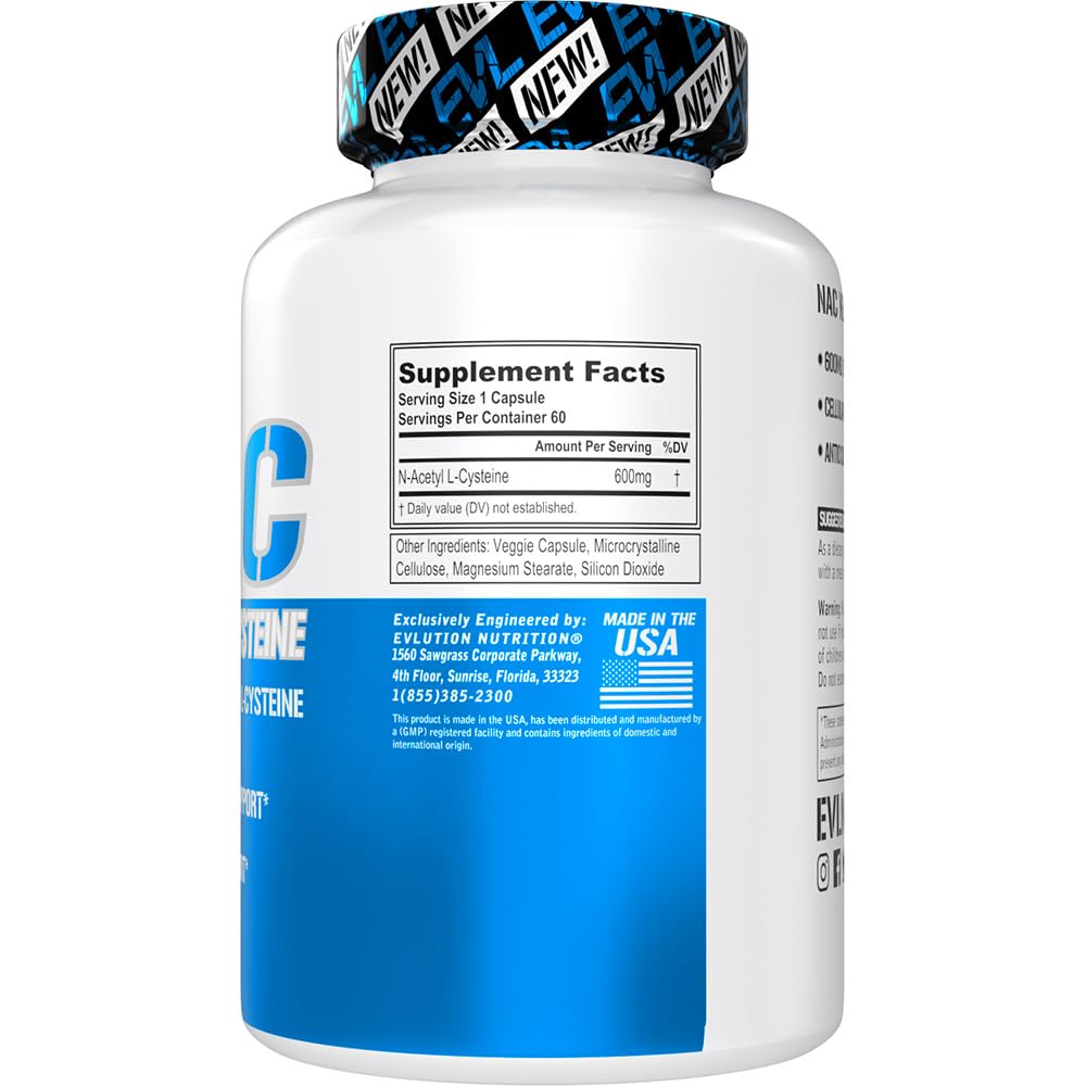 Evlution Nutrition NAC N-Acetyl L-Cysteine - 600mg Antioxidant Health Support  Vegan & Gluten Free - 60 Veggie - Galeri
