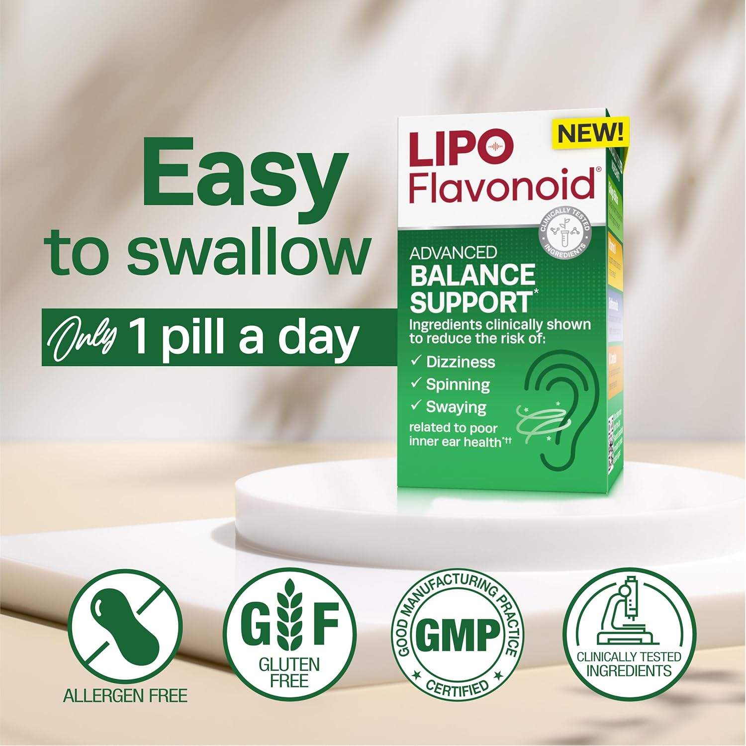 Lipo Flavonoid Balance Support Inner Ear Health Vertigo Relief with Ginkgo Biloba Bioflavonoids, & B Vitamins - Reduces Dizziness Spinning Swaying - Galeri