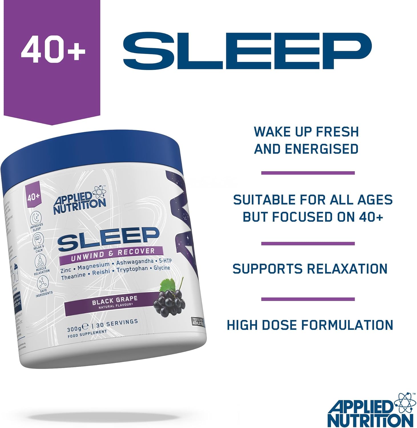 Applied Nutrition Sleep Support for Over 40s Zinc Reishi Magnesium Glycine Theanine 5-HTP 300 g - Galeri
