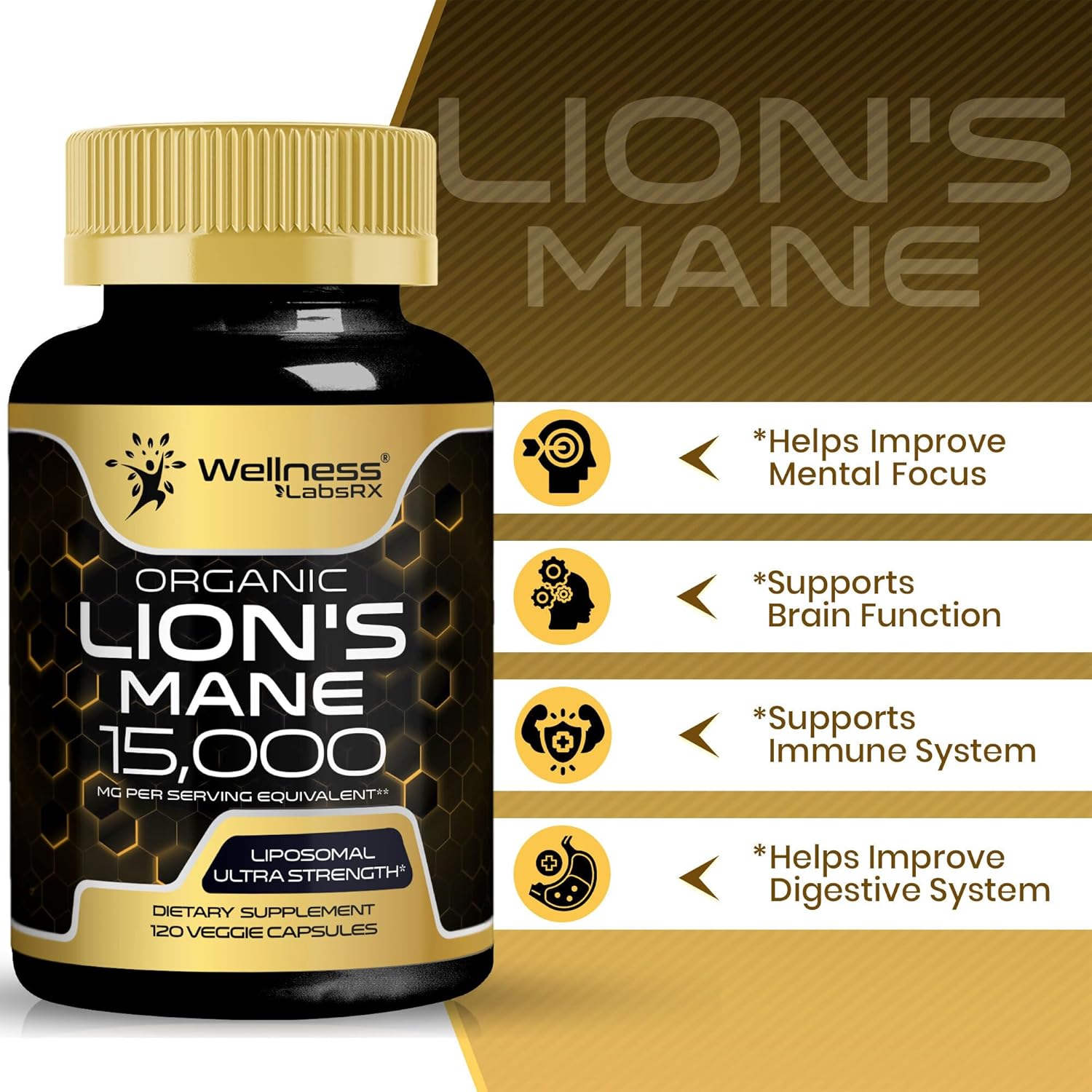 WELLNESS LABS Lions Mane Real Mushroom Brain, Memory and Focus Cognitive Immune 120 Caps - Galeri