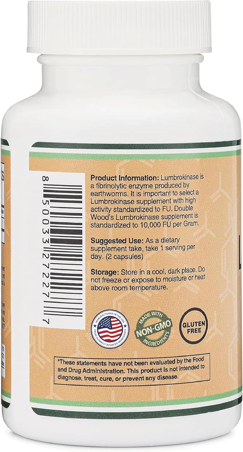 Double Wood Lumbrokinase Enzymes 10,000 FU Cardiovascular and Blood Circulation Support 120 Caps - Galeri