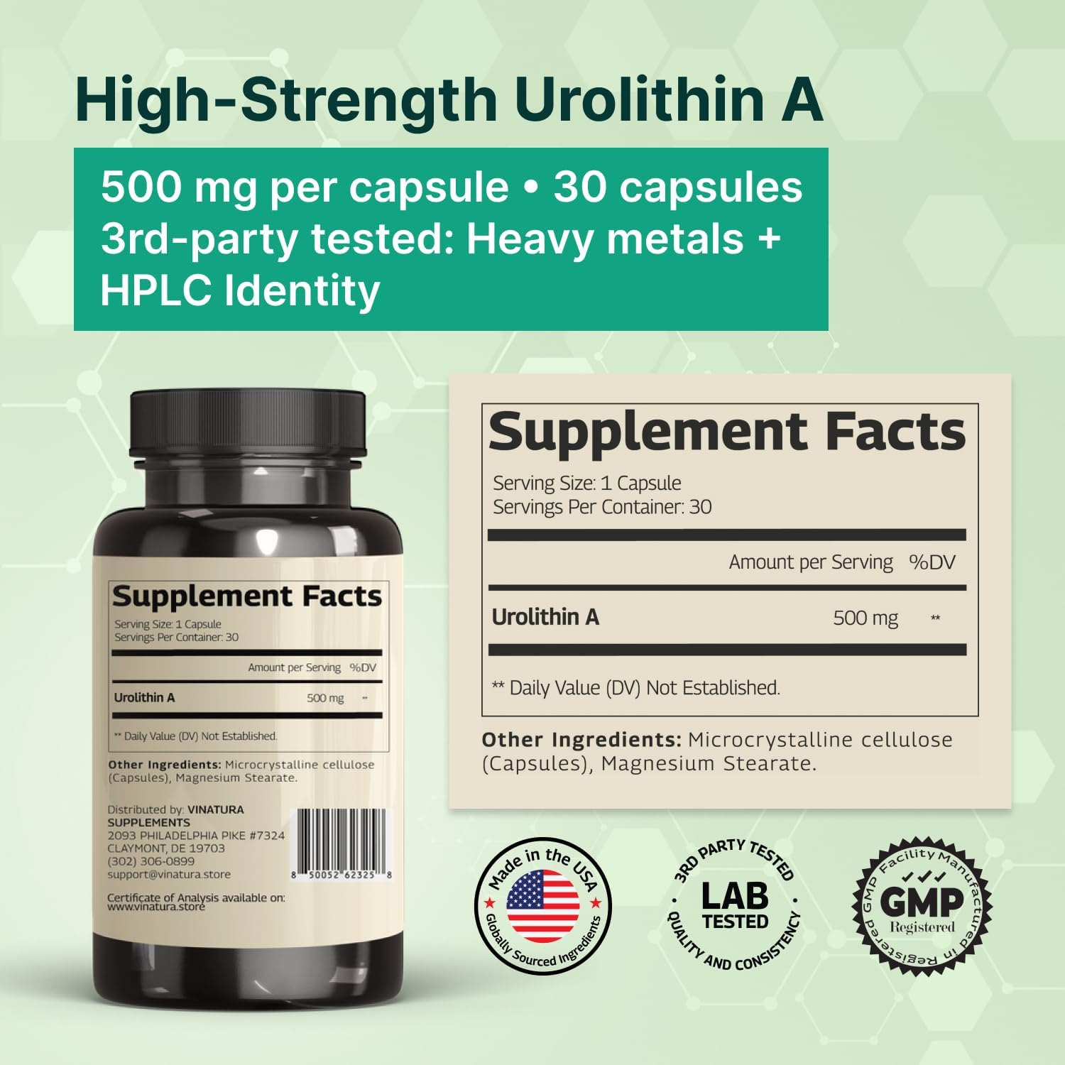 VINATURA Urolithin A 500mg Urolithin A+ Antioxidants Anti-Aging & Mitochondrial Support 30 Caps - Galeri