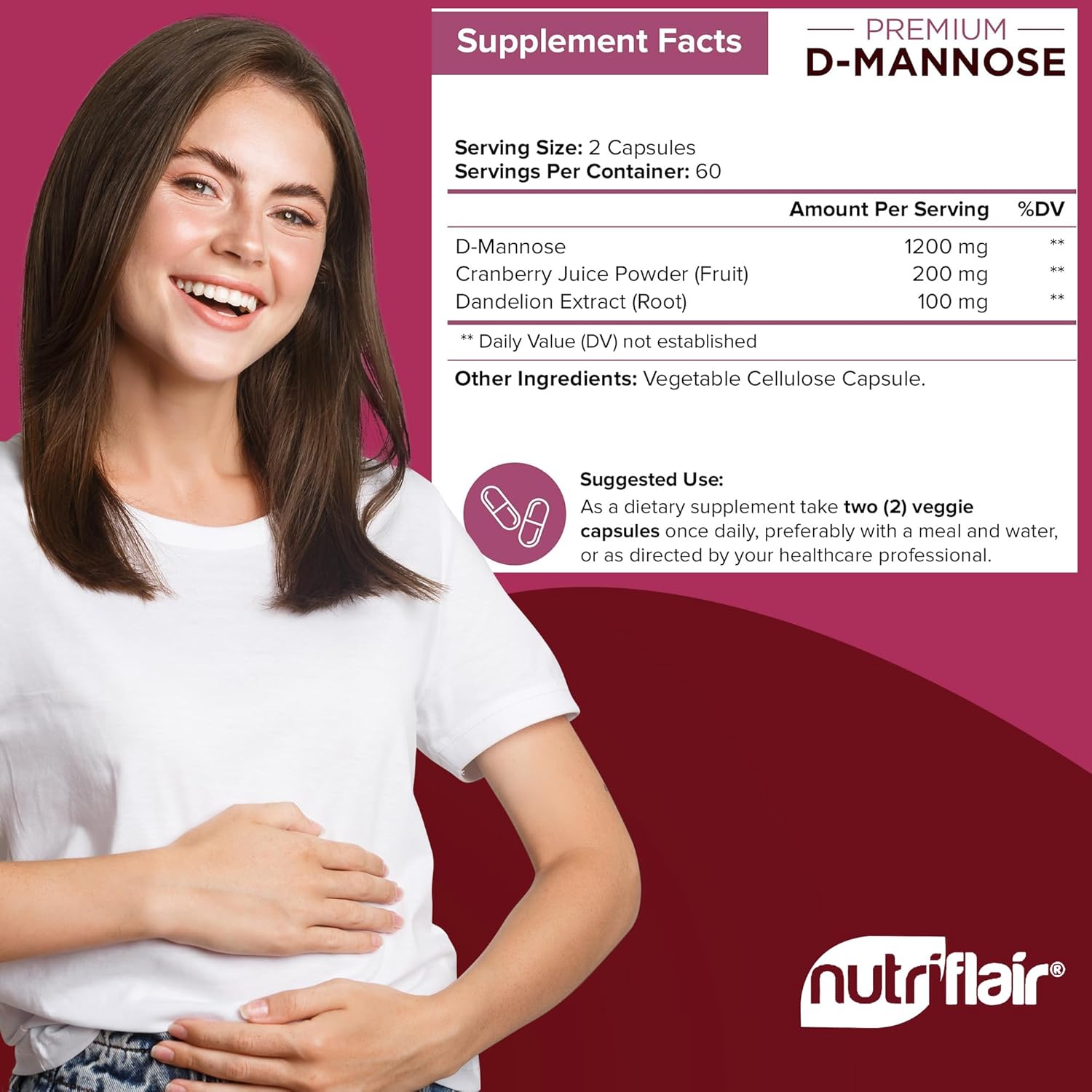 NutriFlair D-Mannose 1500mg with Cranberry and Dandelion Urinary Tract Health Detox Body 120 Caps - Galeri