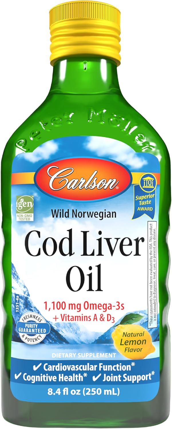 Carlson - Cod Liver Oil 1100 mg Omega-3s Liquid Cognitive Fish Oil Lemon EPA DHA 250 ml - Galeri