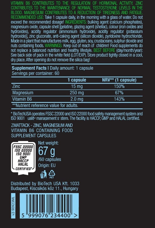 BioTechUSA ZMB+ZMA Capsules - Hormone Optimiser with Zinc, Magnesium Vitamin B6 - Testo Support, 60 - Galeri