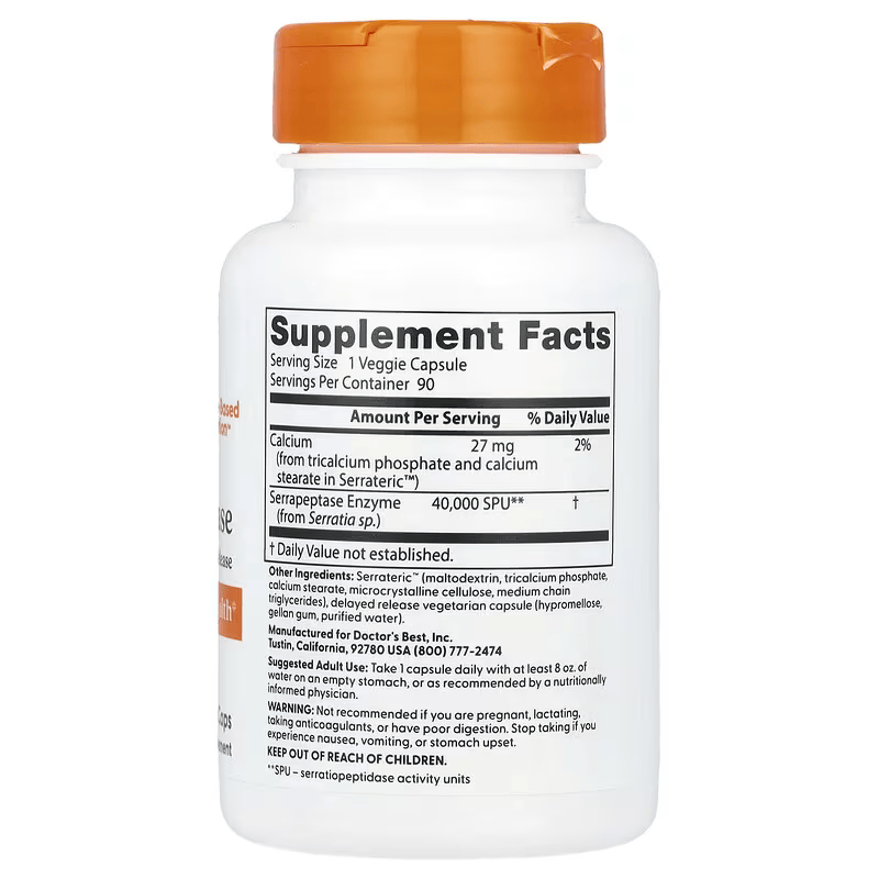 Doctor's Best Serrapeptase 40,000 SPU Gut Health Sinus Health 90 Veggie Caps - Galeri