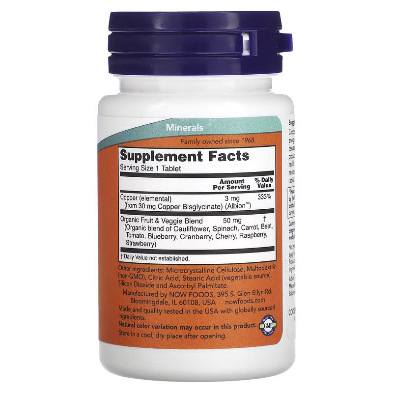 NOW Foods, Copper Glycinate, 3 mg, 120 Tablet - Galeri