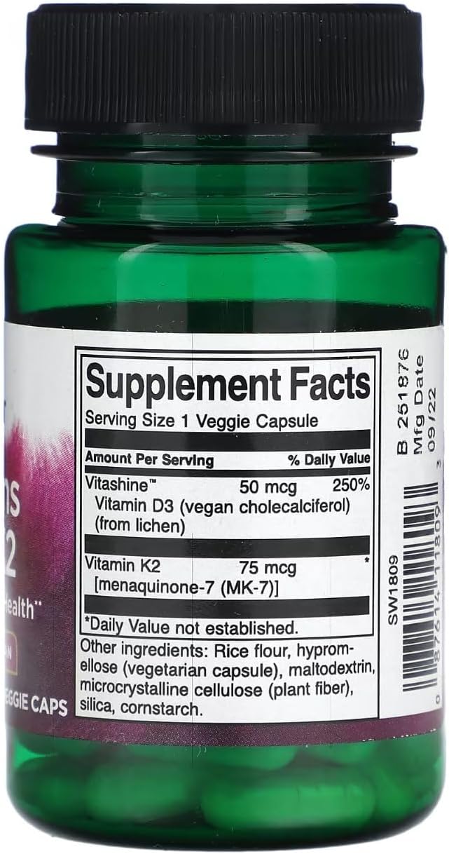 Swanson Vitamins D3 & K2 MK-7 2000 IU Bone and Immune Health 60 Veggie Caps - Galeri