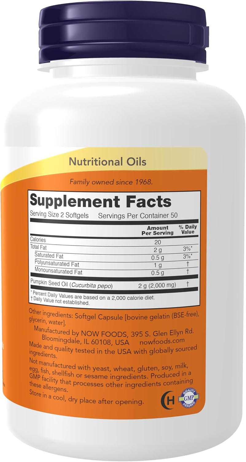 NOW Pumpkin Seed Oil 1000 mg with Essential Fatty Acids and Phytosterols Cold Pressed 100 Softgels - Galeri
