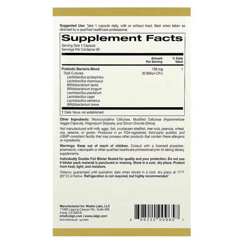 California Gold  LactoBif 5 Probiotics wit 5 Lactobacilli 3 Bifidobacteria, 30 Billion CFU, 60 Vegan - Galeri