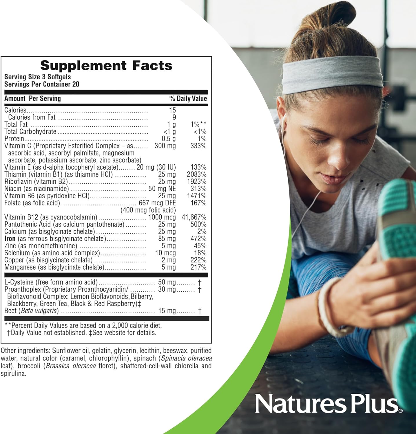 NaturesPlus Hema-Plex + Iron +Niacin+Copper+Selenium+Benfotiamine 60 Fast-Acting Softgels - Galeri