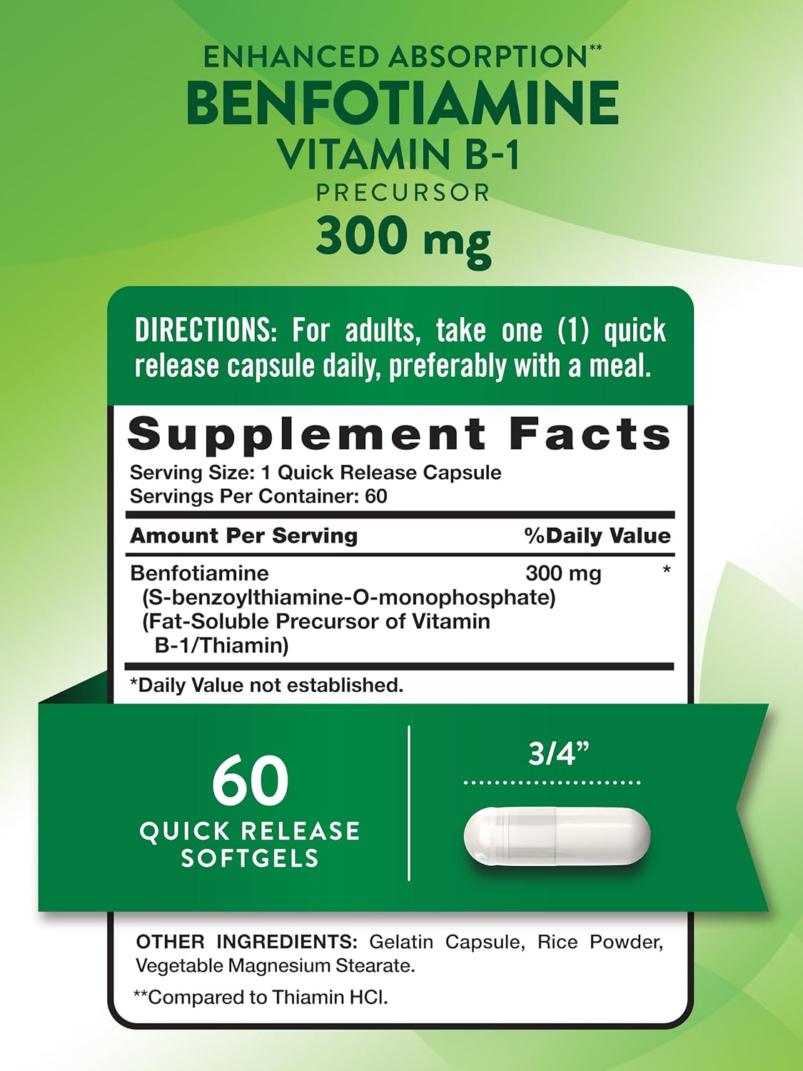 Nature's Truth Benfotiamine 300 mg 60 Kapsul Vitamin B1 Precursor Enhanced Absorption - Galeri