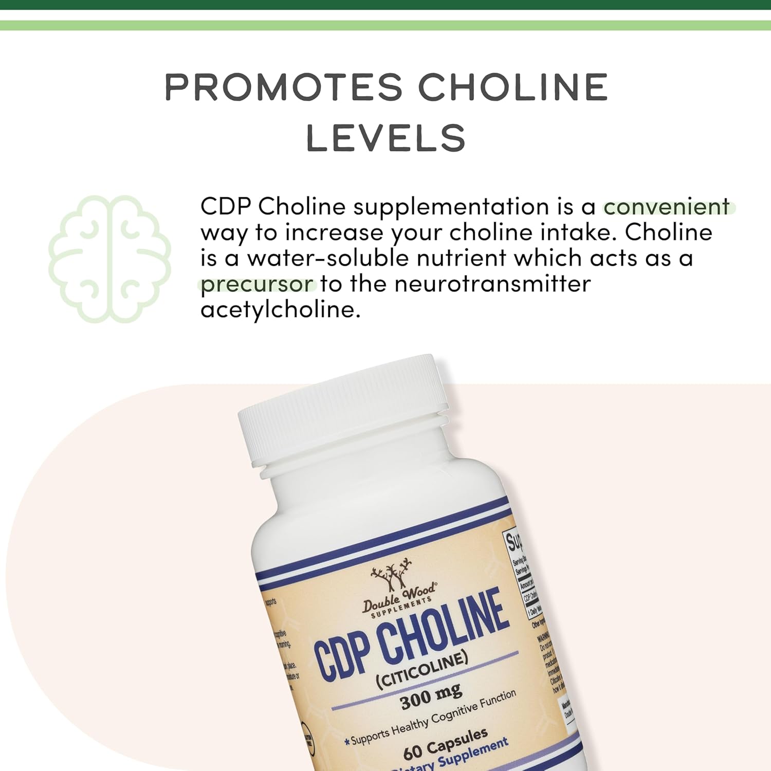Double Wood CDP Choline (Citicoline) Pharmaceutical Grade Third Party Tested 60 Caps - Galeri