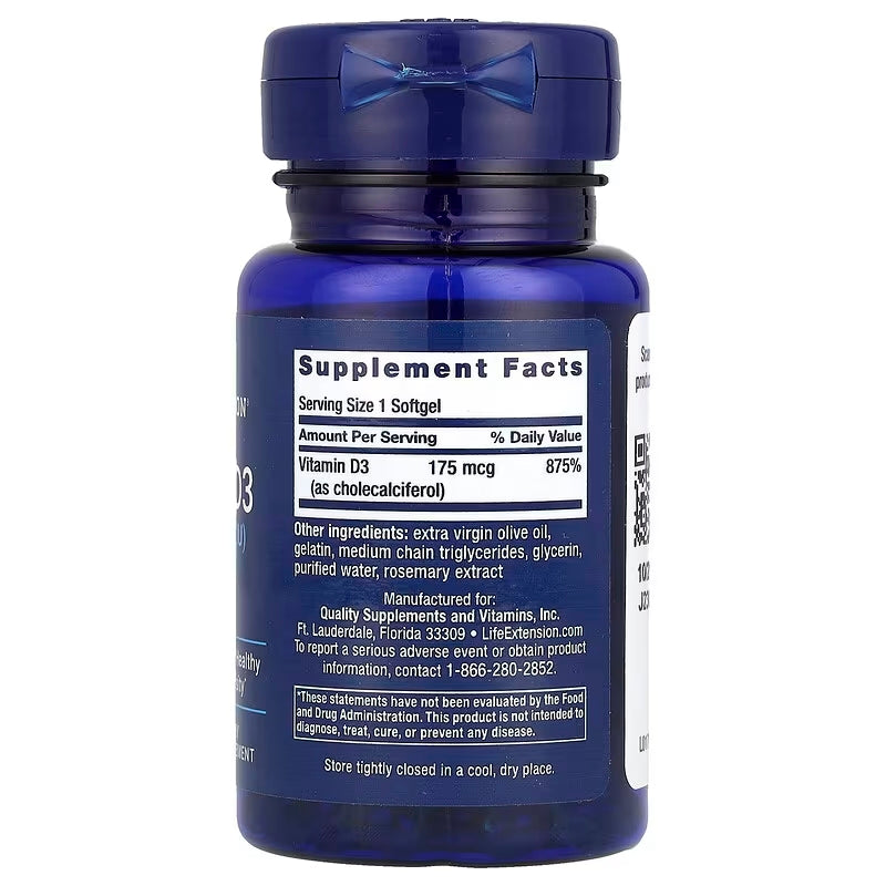 Life Extension Vitamin D3 175 mcg 7000 IU Immune System Bone Health, Brain 60 softgels - Galeri