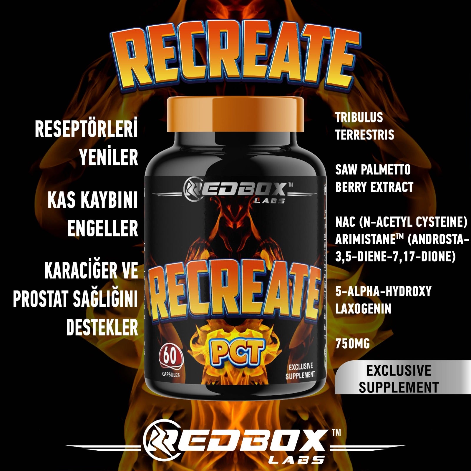 Red Box Labs Recreate PCT post cycle therapy Saw palmetto Nac Arimistane 60 Caps - Galeri