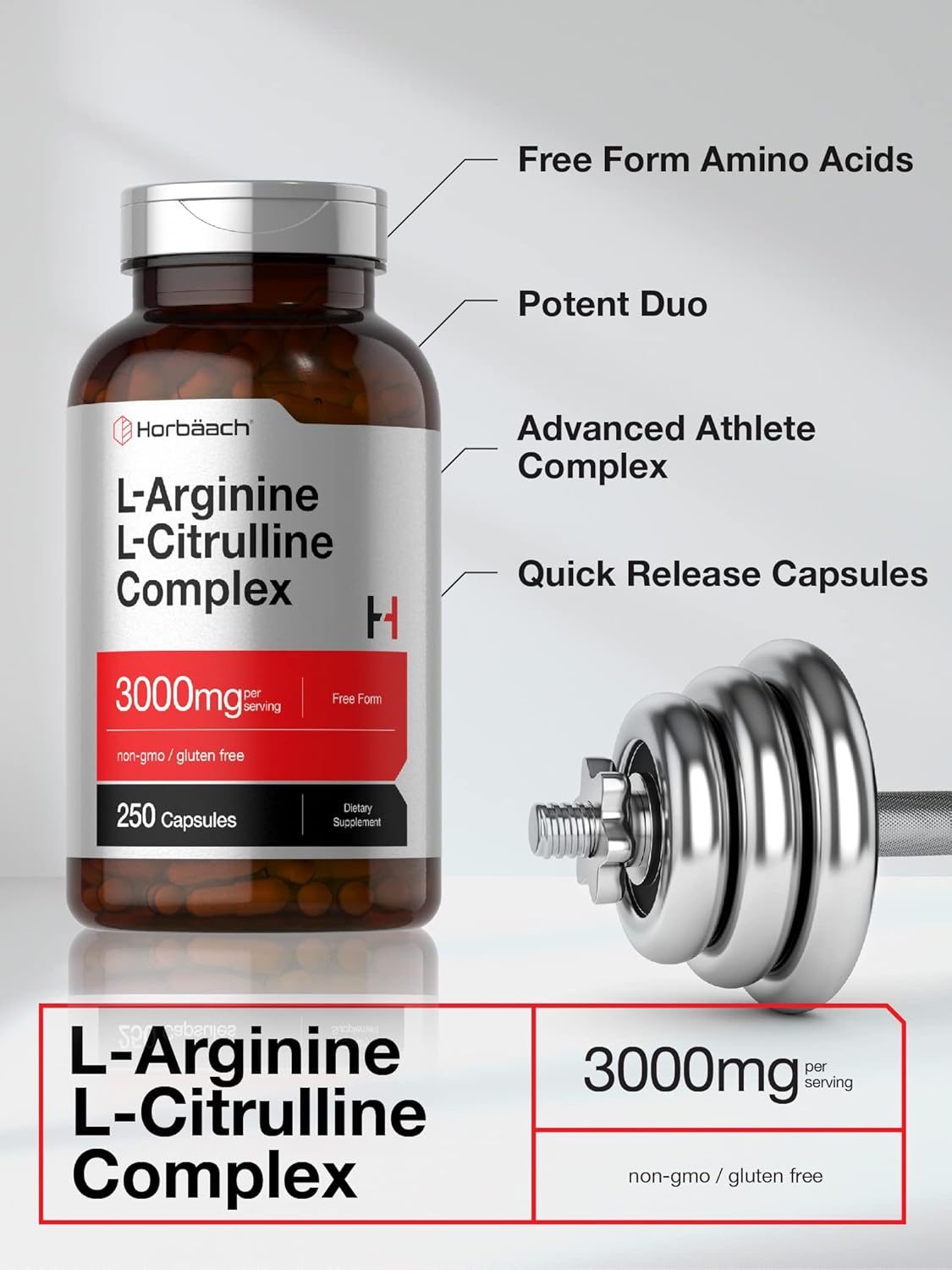 Horbaach L-Arginine(Arjinin) L-Citrulline(Sitrulin) Complex | 3000mg | 250 Caps - Galeri