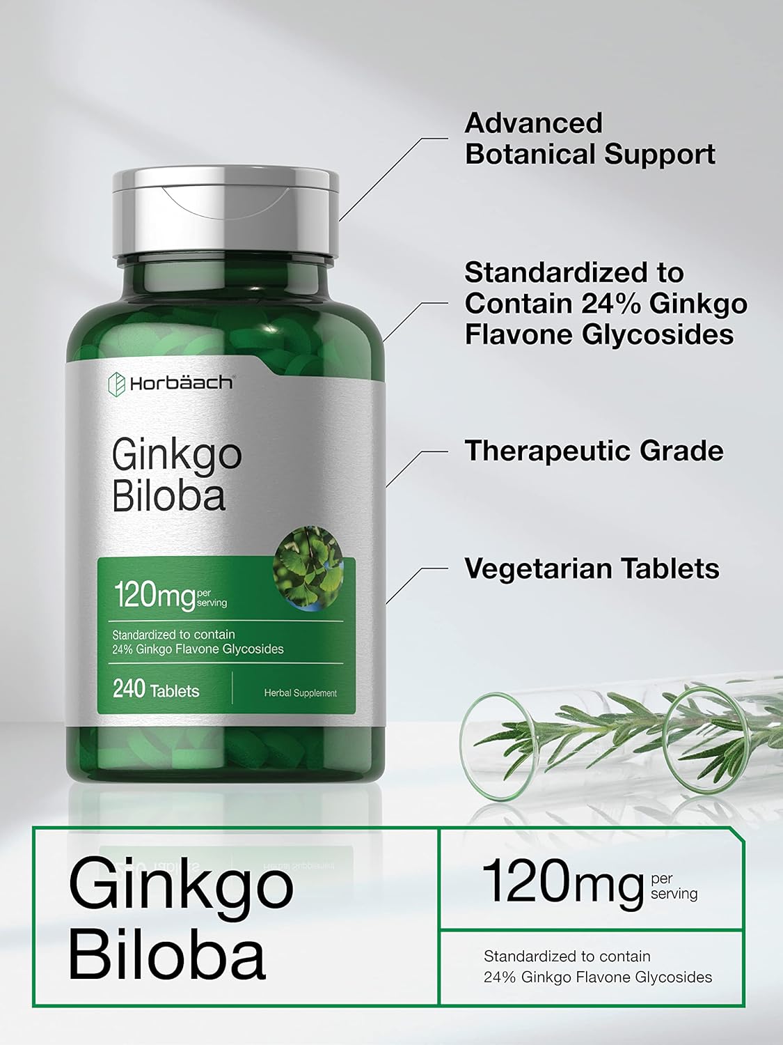 Horbaach Ginkgo Biloba Mabet ağacı ekstrat 120mg 240 Tablet Flavone Glycoside Vegetarian Gluten Free - Galeri