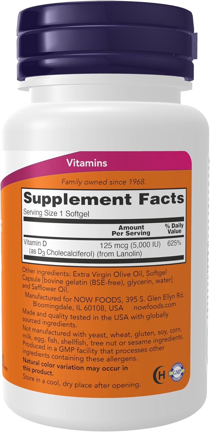 NOW Foods, Vitamin D-3, High Potency, 125 μg (5000 IU), 240 Softgels - Galeri