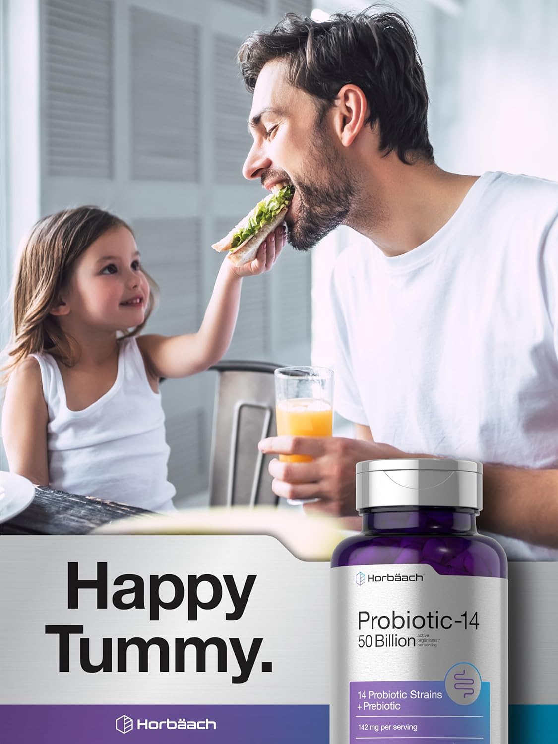 Horbaach Probiotics for Women and Men Lactobacillus 50 Billion 14 Prebiotic 60 Caps - Galeri
