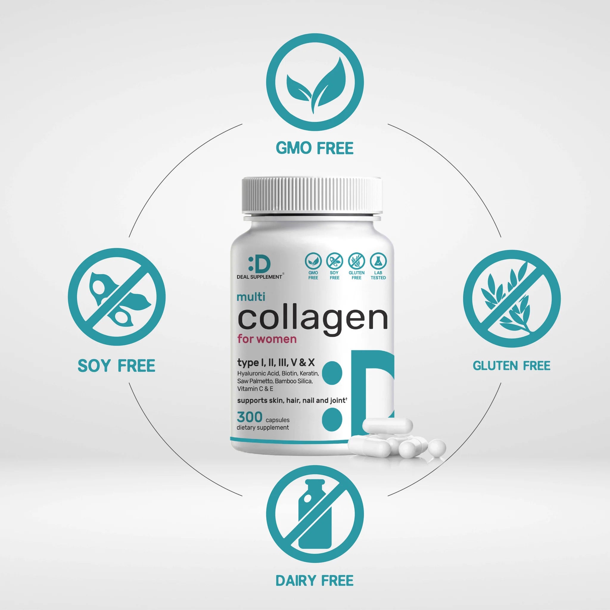 Deal Supplement Multi-Collagen Pills for Women with Vitamin C, E, & Biotin, 300 Capsules - Galeri