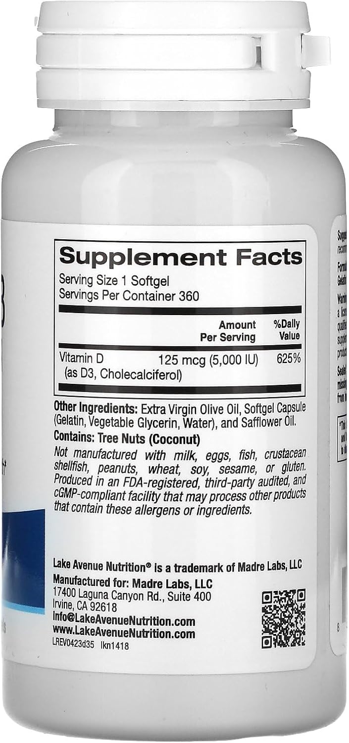 Lake Avenue Vitamin D3 Immune System Bone Health 5000 IU 360 Softgels - Galeri