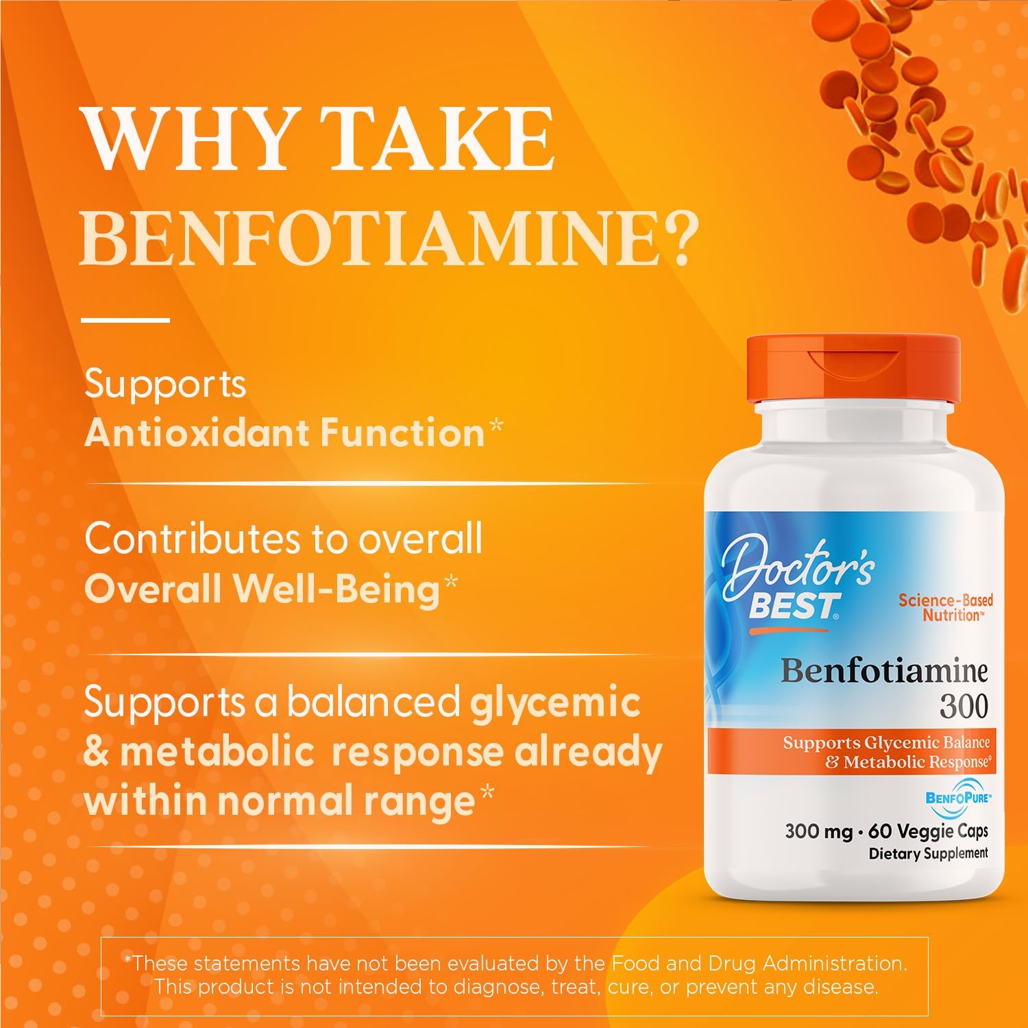 Doctor's Best Benfotiamine 300 with BenfoPure, Helps Maintain Healthy Glucose Metabolism, Non-GMO, Vegan, Gluten Free, Soy Free, 300 mg, 60 Veggie Caps - Galeri