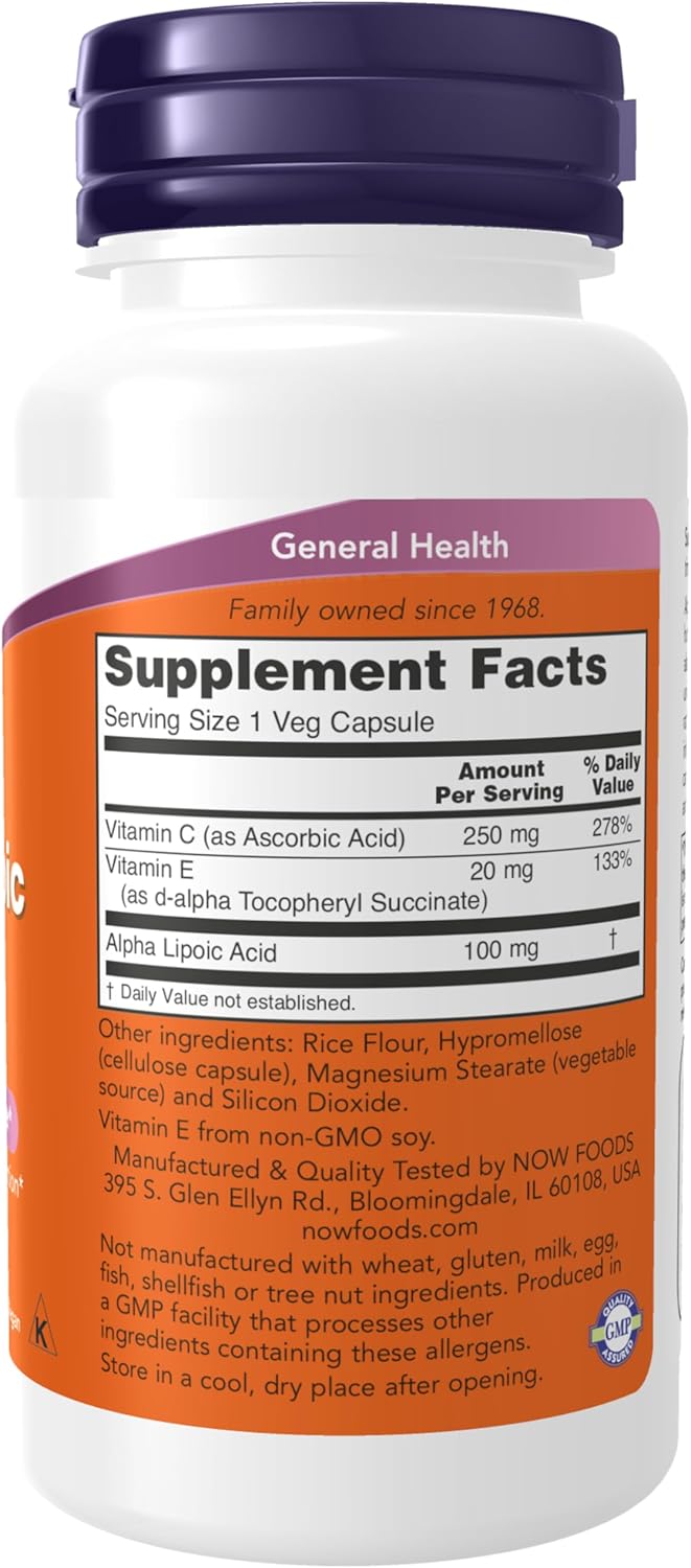 NOW Foods Supplements, Alpha Lipoic Acid 100 mg with Vitamins C & E, Free Radical Scavenger*, 60 Veg Caps - Galeri