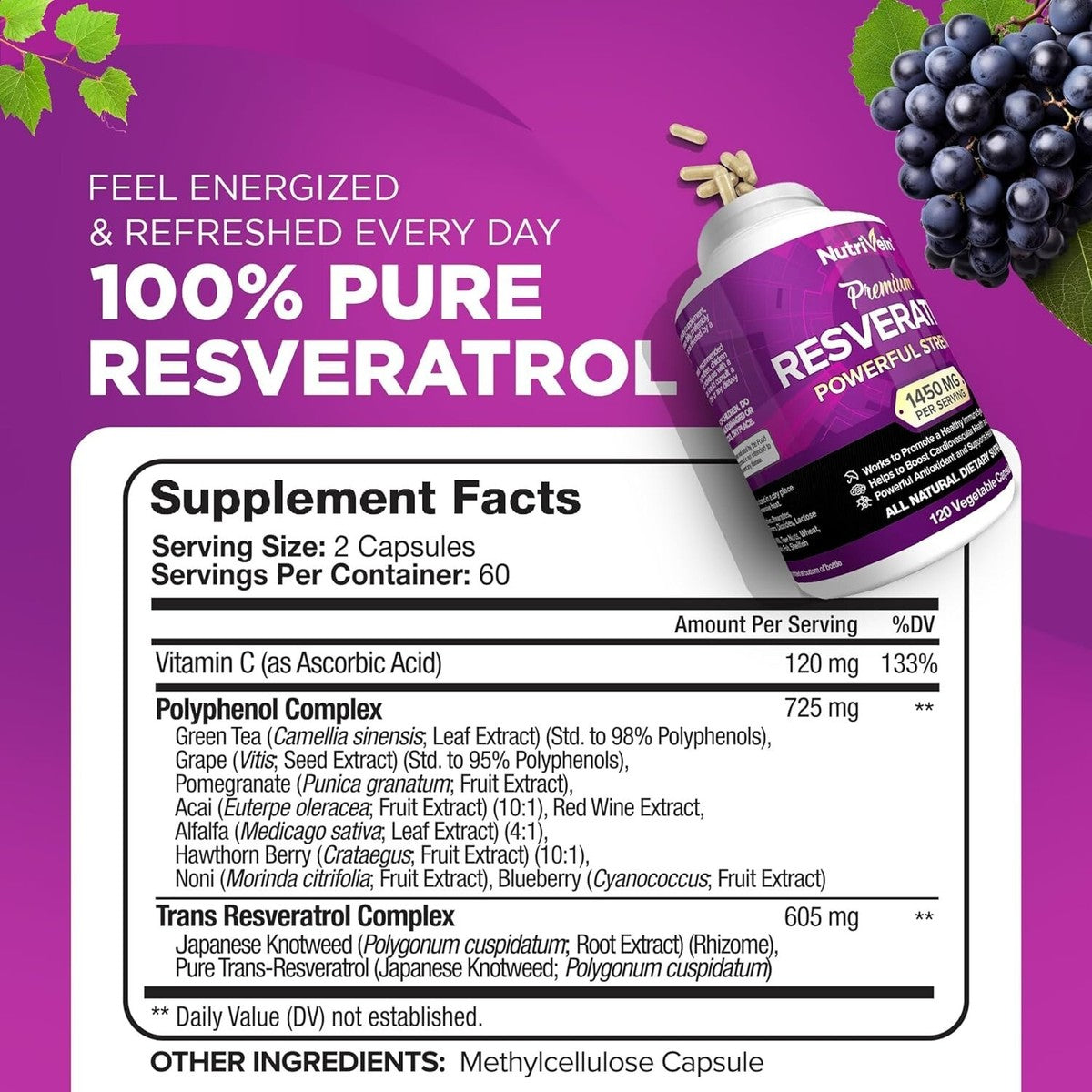 Nutrivein Resveratrol with Green Tea Leaf & Acai Berry-Aging, Defenses, Brain, and Joint Support 120 - Galeri