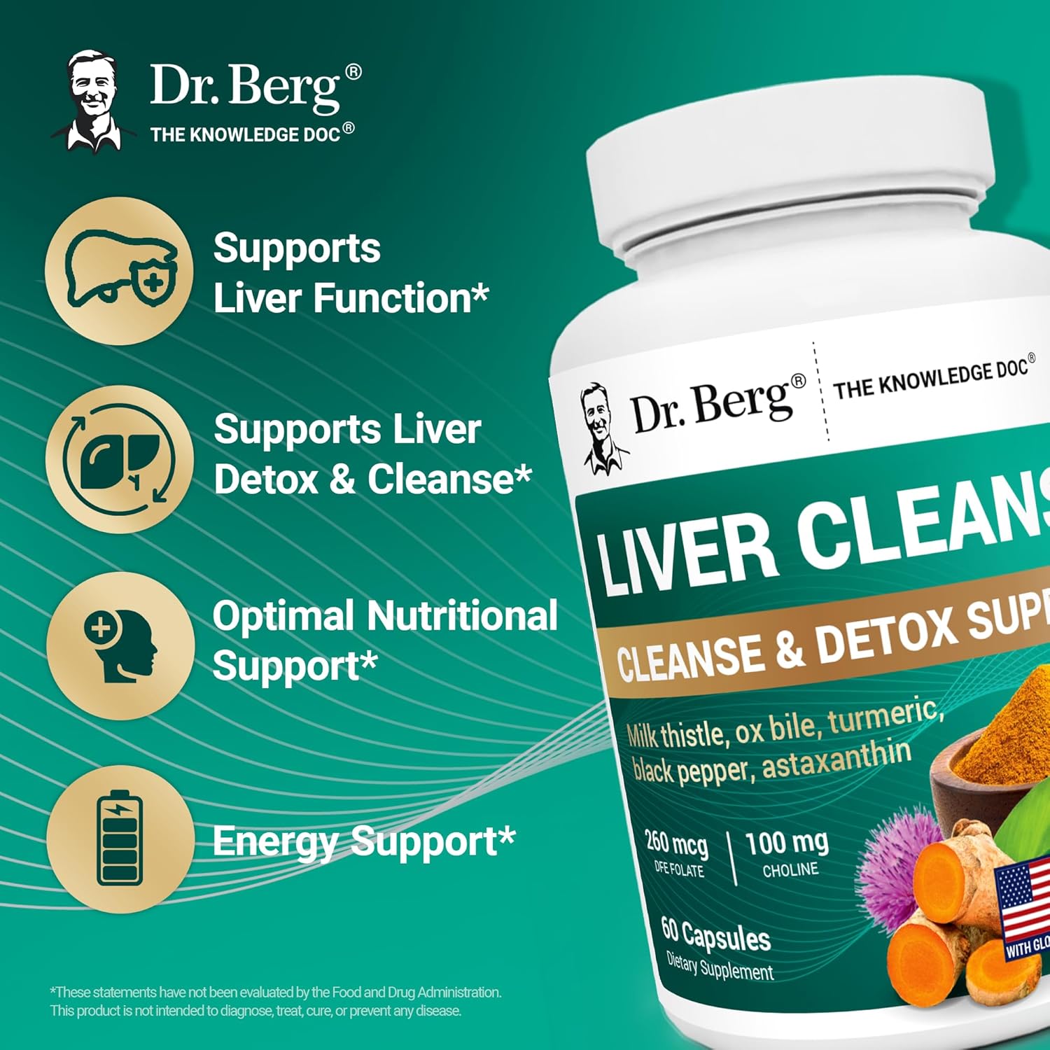 Dr. Berg Liver Cleanse Detox Milk Thistle Ox Bile & Folate Liver Turmeric Choline 60 Caps - Galeri